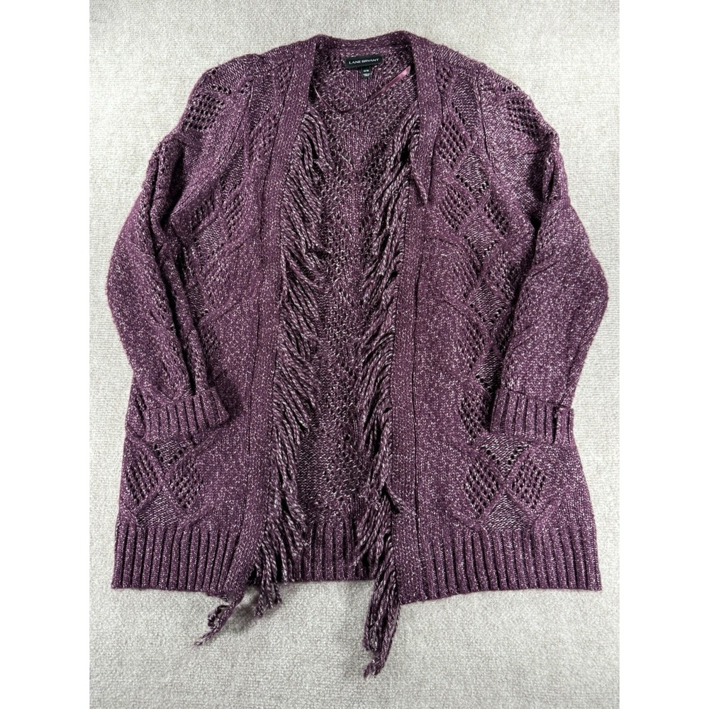 Lane Bryant Open Front Cardigan 14/16 Purple Fringe Metallic Knit Sweater‎ Cozy